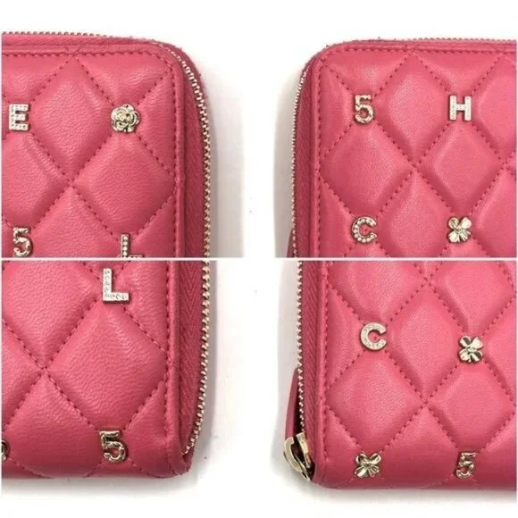 🎀 RARE 🎀 Authentic CHANEL Pink Lucky Lambskin Rhinestone Matelasse Long Wallet - Picture 5 of 10